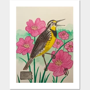 North Dakota state bird and flower, the meadowlark and wild prairie rose Posters and Art